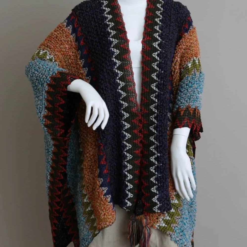Colorful Crochet Patterned Ruana in Indigo - Picture 3 of 14